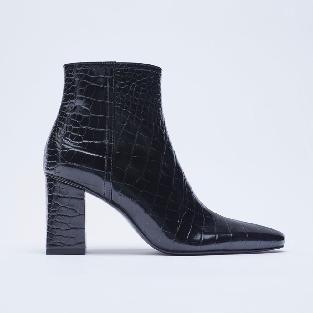 Zara Black Croc Print Heeled Ankle Boots, size 8
